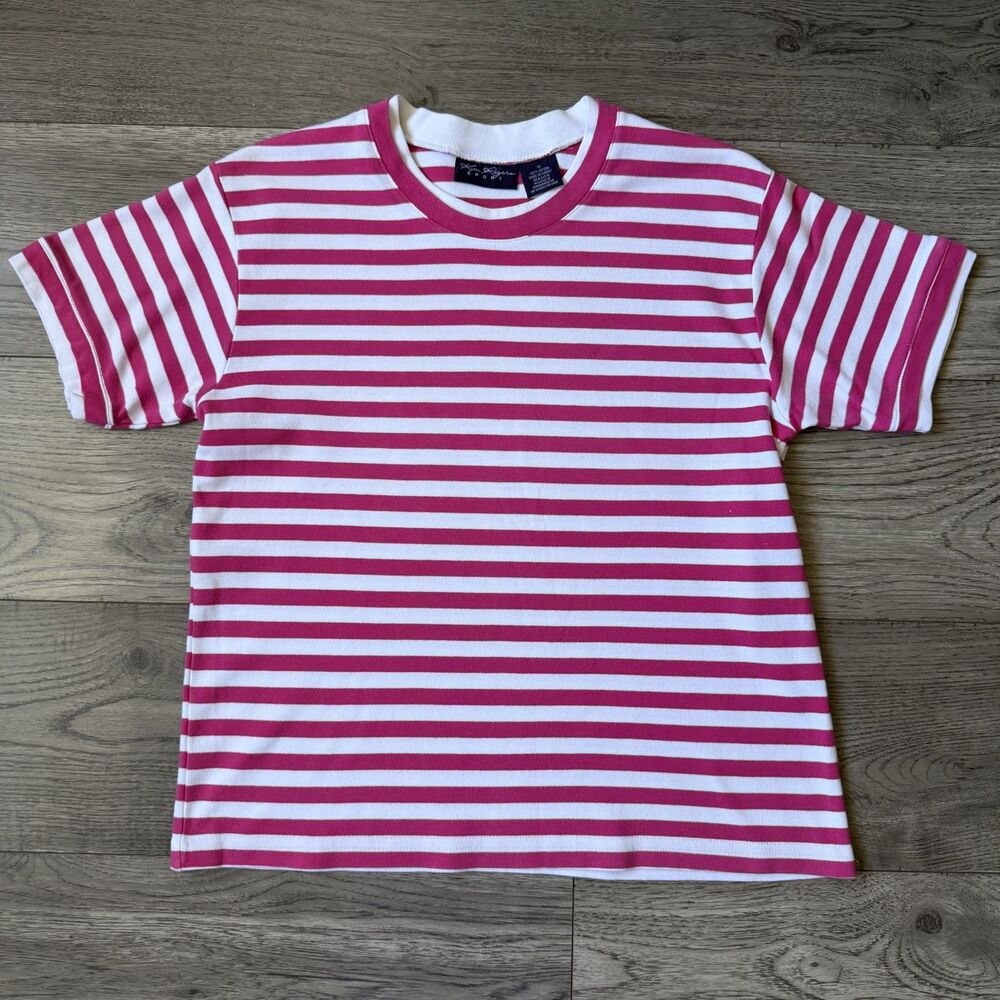 Vintage 90s Kim Rogers Sport Pink & White Striped‎ Tee - Size Medium